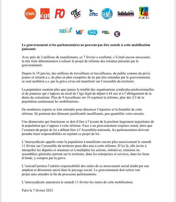 Le communiqué de l'intersyndicale à l'issue de cette 3e journée de mobilisation.