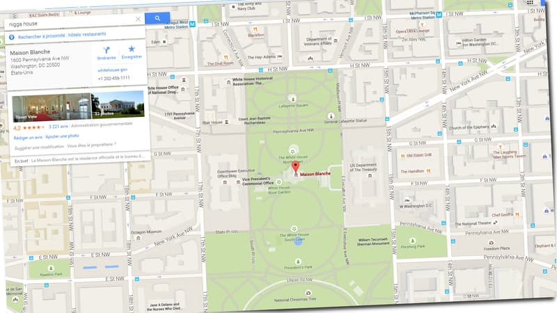 Sur Google Maps, la recherche "nigga house" mène directement... à la Maison Blanche. 