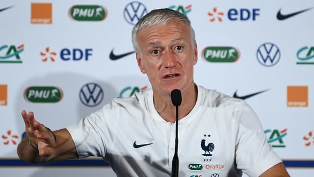 Le sélectionneur des Bleus Didier Deschamps devant la presse au Stade de France, le 7 juin 2021, veille du match contre la Bulgarie