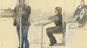 Ce croquis de tribunal réalisé au palais de justice de Paris le 9 décembre 2024 montre le réalisateur Christophe Ruggia lors de son procès pour agression sexuelle sur l'actrice Adèle Haenel (alors qu'elle avait moins de 15 ans
