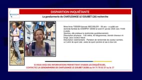 L'avis de disparition inquiétante relatif à Anne Tissier épouse Wechsler, publié le 2 janvier 2023 par la gendarmerie de la Drôme.