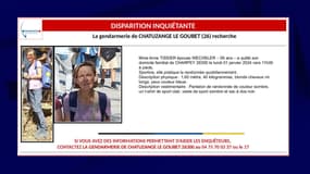 L'avis de disparition inquiétante relatif à Anne Tissier épouse Wechsler, publié le 2 janvier 2024 par la gendarmerie de la Drôme.