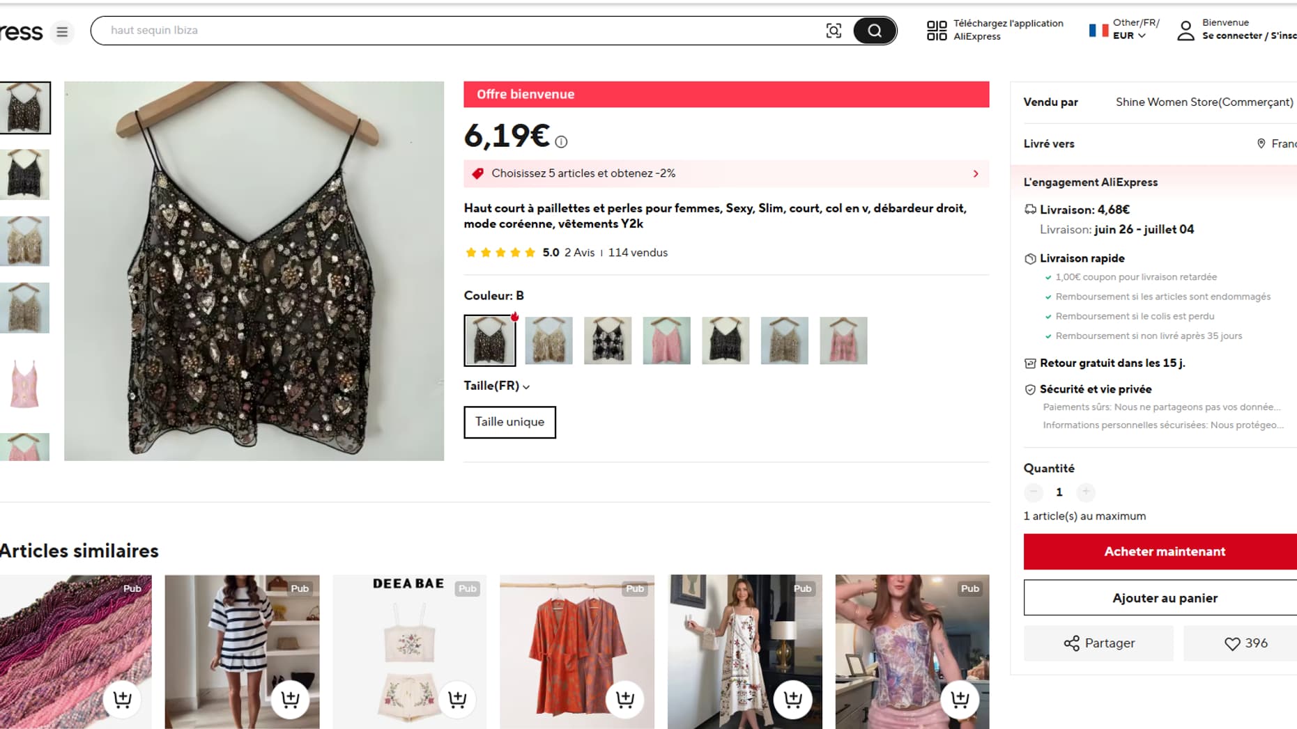 Le même top noir à sequins vendu sur Aliexpress à 6,19 euros
