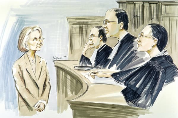 Croquis de l'audience de Fernande Grudet, "Madame Claude", pour proxénétisme aggravé, à Paris, en septembre 1992.