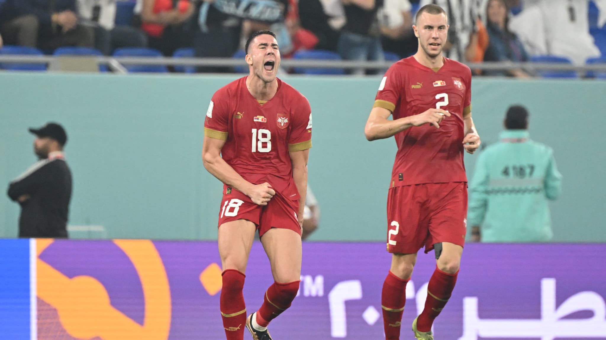 Dusan Vlahovic fête son but lors de Serbie-Suisse, Coupe du monde 2022