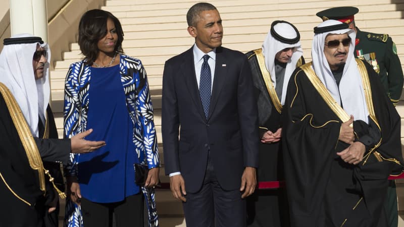 Michelle et Barack Obama en visite en Arabie saoudite, le 27 janvier 2015. Ils étaient venus présenter leurs condoléances après le décès du roi Abdallah.