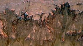Image de la sonde "Mars Reconnaissance Orbiter" (MRO) montrant des traces sombres en forme de doigts sur la paroi du cratère Newton à la surface de la planète Mars, visibles de la fin du printemps à l'été. Ces images analysées par la Nasa constituent de n