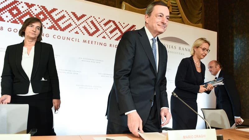 Le président de la BCE, Mario Draghi, lors de la conférence de presse à Riga, le 14 juin.