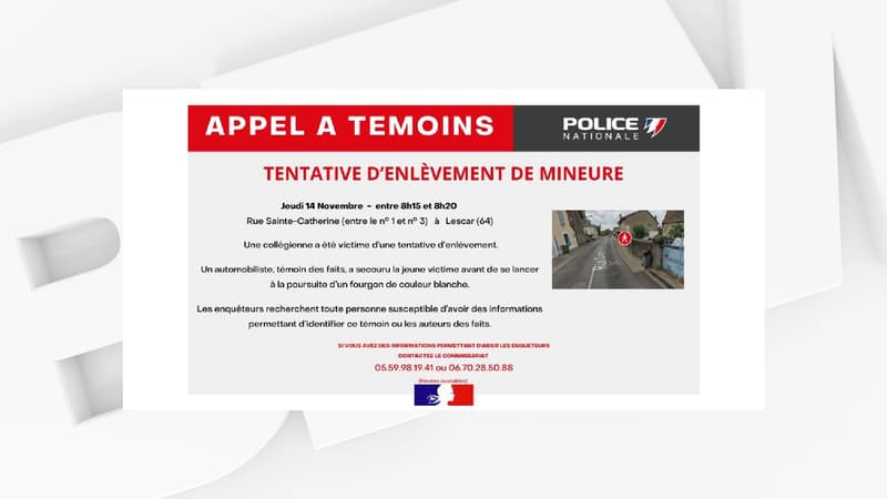 Un appel à témoins lancé après une tentative d'enlèvement le 15 novembre 2024