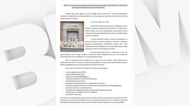 Le communiqué des personnels du lycée de Seine-Saint-Denis