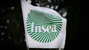 Le logo de la FNSEA lors d'une manifestation devant un site du groupe Lactalis à Bouvron, en Loire-Atlantique, le 18 janvier 2024
