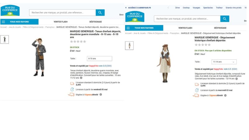 C'est dans la rubrique "jeux et jouets" du site de vente qui appartient à Carrefour que se trouvent ces deux costumes