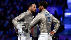 Sébastien et Jean-Philippe Patrice lors de l'épreuve de sabre par équipes, le 31 juillet 2024