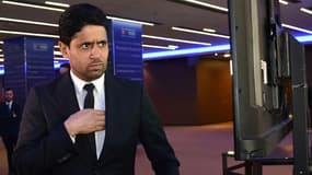 Le président qatari du Paris Saint-Germain Nasser Al-Khelaïfi, lors d'une pause pendant le Congrès de l'UEFA, le 7 février 2019 à Rome