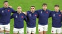 Les Bleus du XV de France pendant les hymnes du quart de finale contre l'Afrique du Sud au Mondial, le 15 octobre 2023 