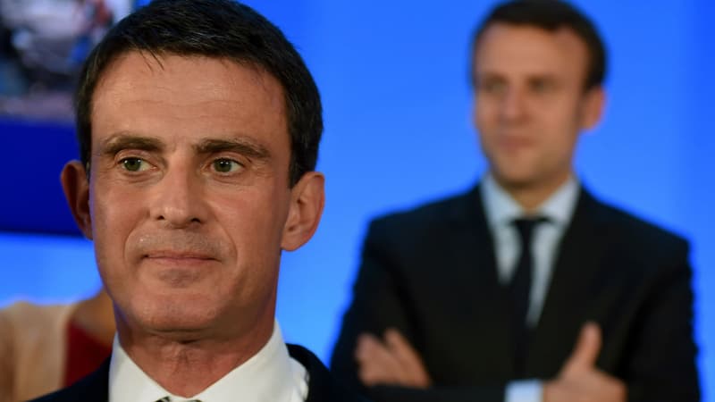 Manuel Valls aux côtés d'Emmanuel Macron à Privas, le 20 mai 2016.