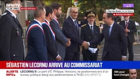 L'arrivée de Sébastien Lecornu au commissariat de L'Haÿ-les-Roses pour son premier déplacement depuis sa reconduction à Matignon