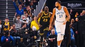 Draymond Green célèbre devant Rudy Gobert lors du match Golden Stade-Minnesota (110-116), le 12 novembre 2023