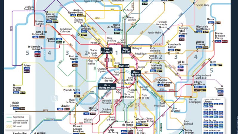 La carte des lignes de Noctilien en circulation la nuit du 31 décembre 2024.