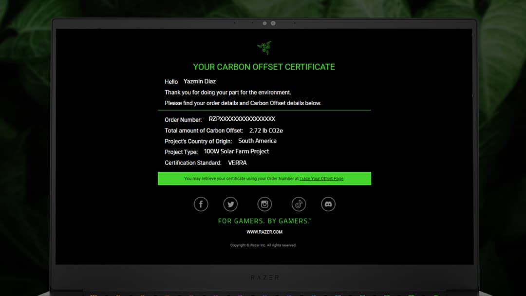 Le certificat Restorify obtenu après un achat avec la compensation carbone indiquée.