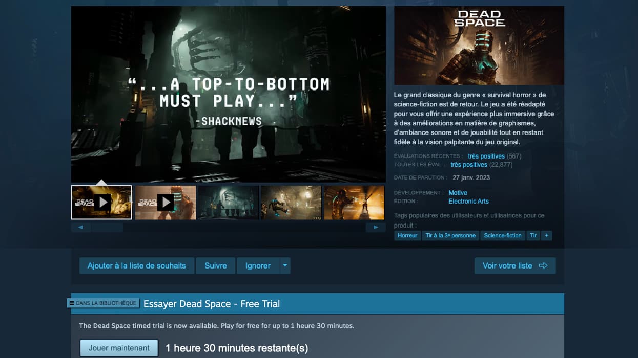 Vous pouvez jouer gratuitement jusqu'à 90 minutes à Dead Space Vous pouvez jouer gratuitement jusqu'à 90 minutes à Dead Space