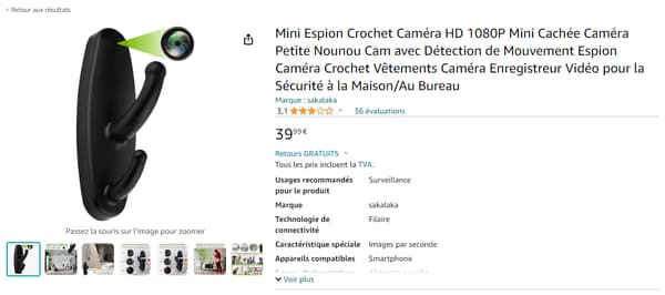 L'une des caméras espion vendues sur la plateforme Amazon 