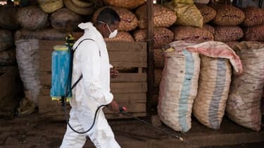 Un homme désinfecte les rues le long du marché, à Antananarivo le 10 octobre 2017.