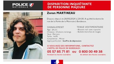 Appel à témoins pour retrouver Zoran Martineau, disparu à Bordeaux le 28 mai 2024