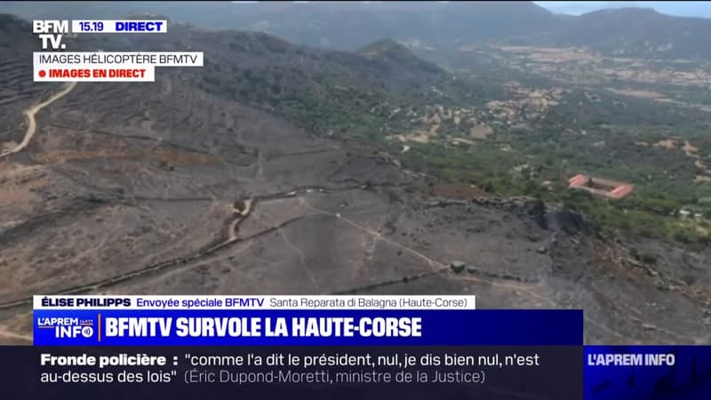 Haute-Corse: BFMTV survole la zone incendiée avec les pompiers