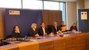 Didier Seban, Ferrouze Bendouiou, Eric Mouzin, Marie-Rose Blétry lors de la conférence de presse pour l'anniversaire du pôle judiciaire de Nanterre