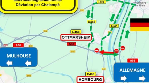Schéma de déviation de l'A36 pour les travaux sur le Grand canal d'Alsace à Ottmarsheim