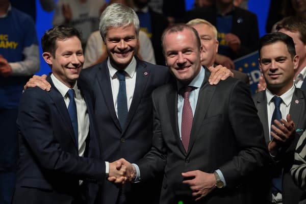 François-Xavier Bellamy, Laurent Wauquiez et Manfred Weber, président du groupe PPE au Parlement européen, le 26 avril 2019 à Strasbourg