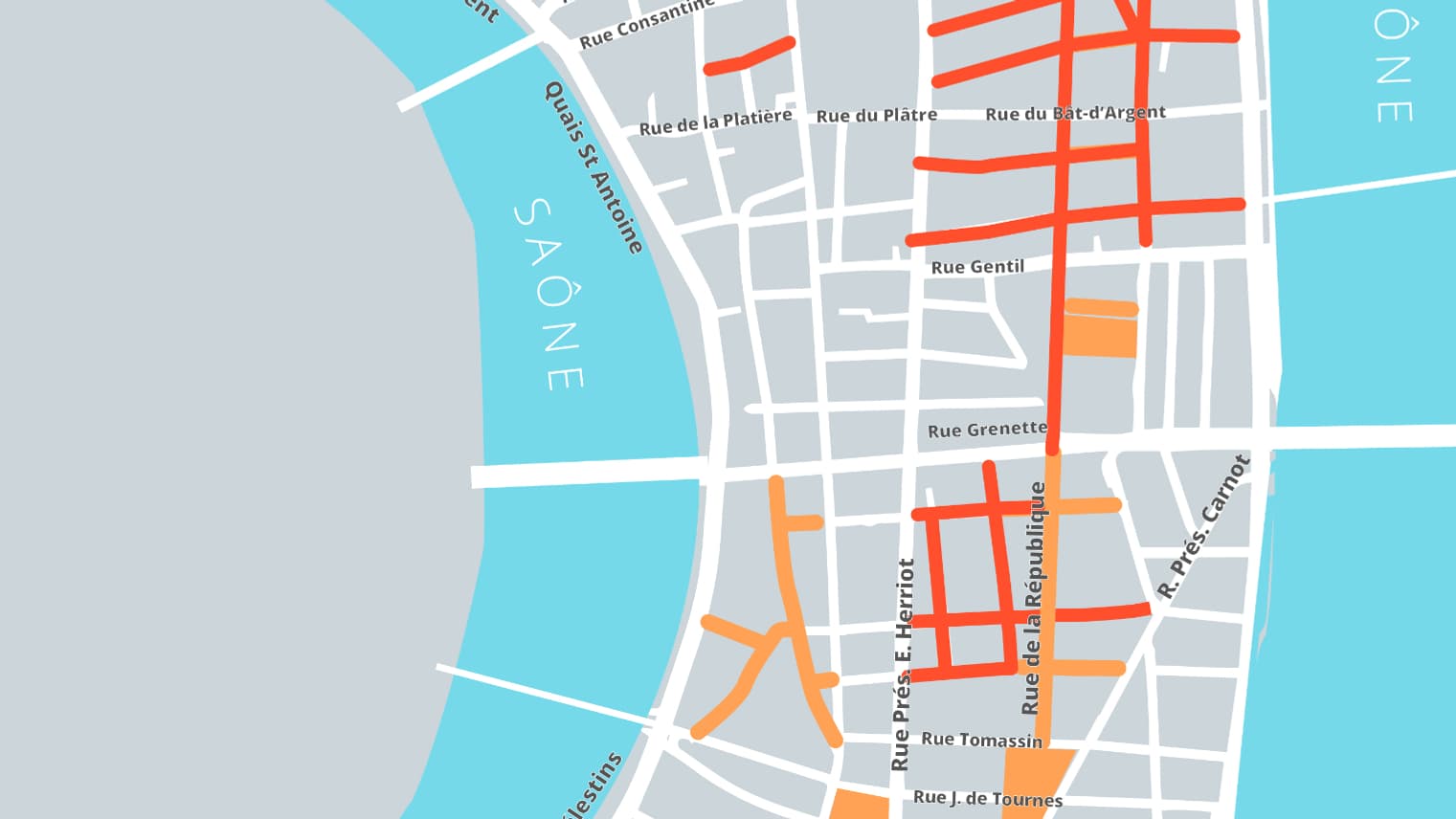 La carte sur les rues piétonnes (rouge: rues piétonnes projetées / orange: rues piétonnes existantes)