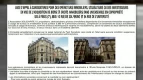 Une annonce pour la vente du siège du Parti Socialiste rue de Solférino est parue dans Les Echos. 