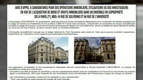 Une annonce pour la vente du siège du Parti Socialiste rue de Solférino est parue dans Les Echos. 