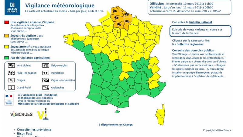 Cinq départements en vigilance orange