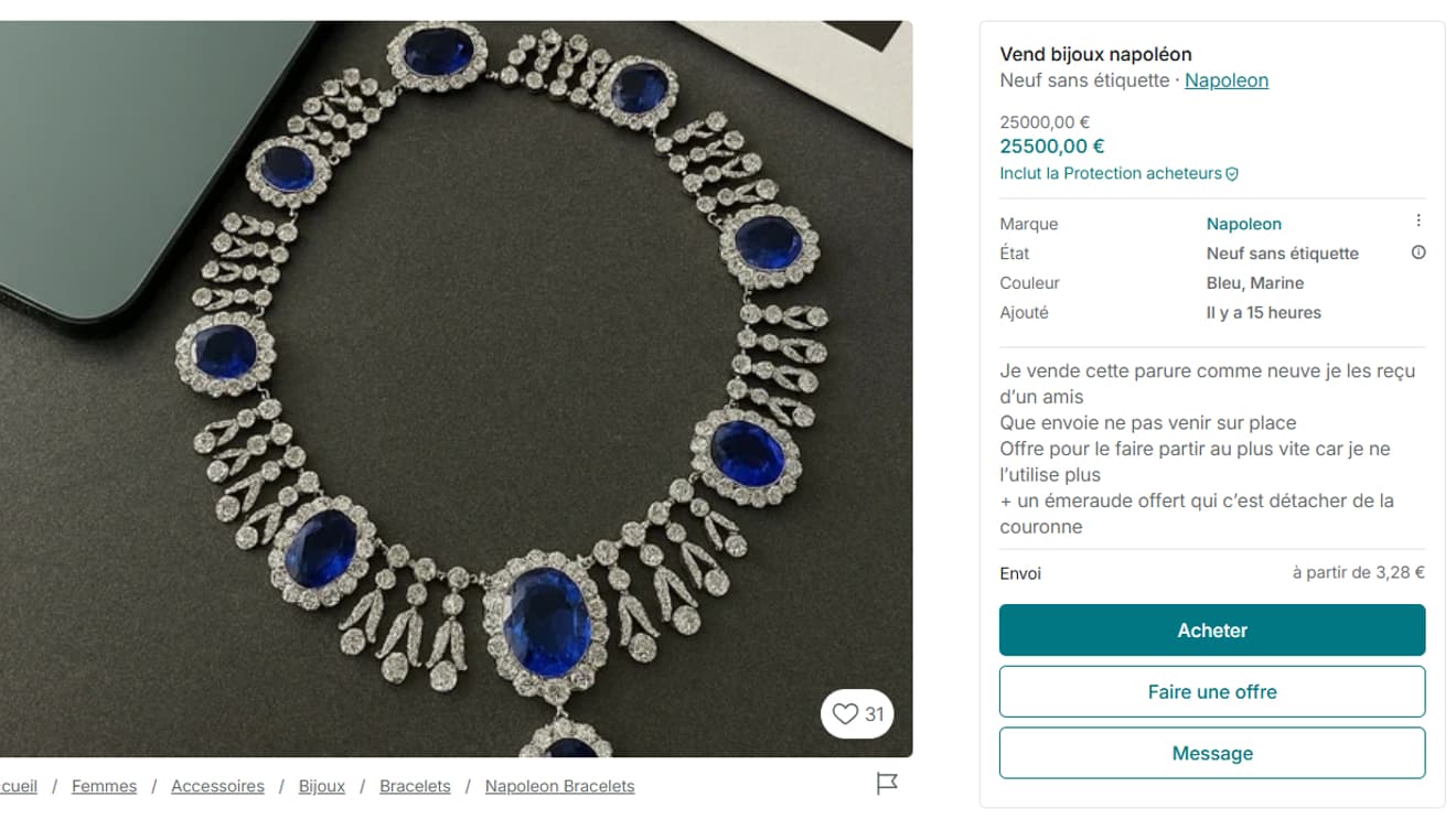 Une des offres pour le collier de la parure de saphirs de la reine Marie-Amélie et de la reine Hortense.