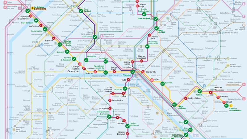 Trois lignes de métro desserviront une dizaine de stations chacune la nuit de la cérémonie d'ouverture des JO, le vendredi 26 juillet, à Paris. Trois lignes de métro desserviront une dizaine de stations chacune la nuit de la cérémonie d'ouverture des JO, le vendredi 26 juillet, à Paris.