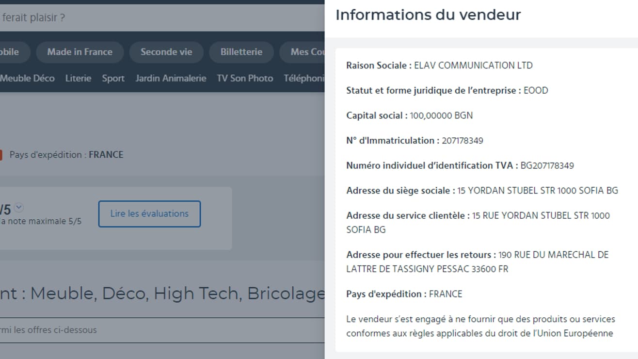 Capture d'écran Cdiscount.com: les "infos vendeur" nous révèlent qu'il s'agit d'une entreprise bulgare Capture d'écran Cdiscount.com: les "infos vendeur" nous révèlent qu'il s'agit d'une entreprise bulgare