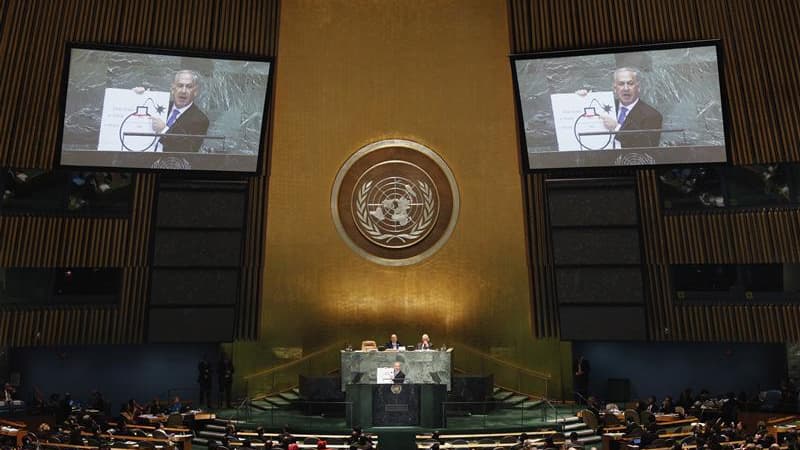 Le Premier ministre israélien lors de son allocution devant la 67e Assemblée générale de l'Onu, à New York. Les Nations unies ont appelé toutes les parties impliquées dans le dossier du nucléaire iranien à éviter "la rhétorique guerrière" alors que l'actu