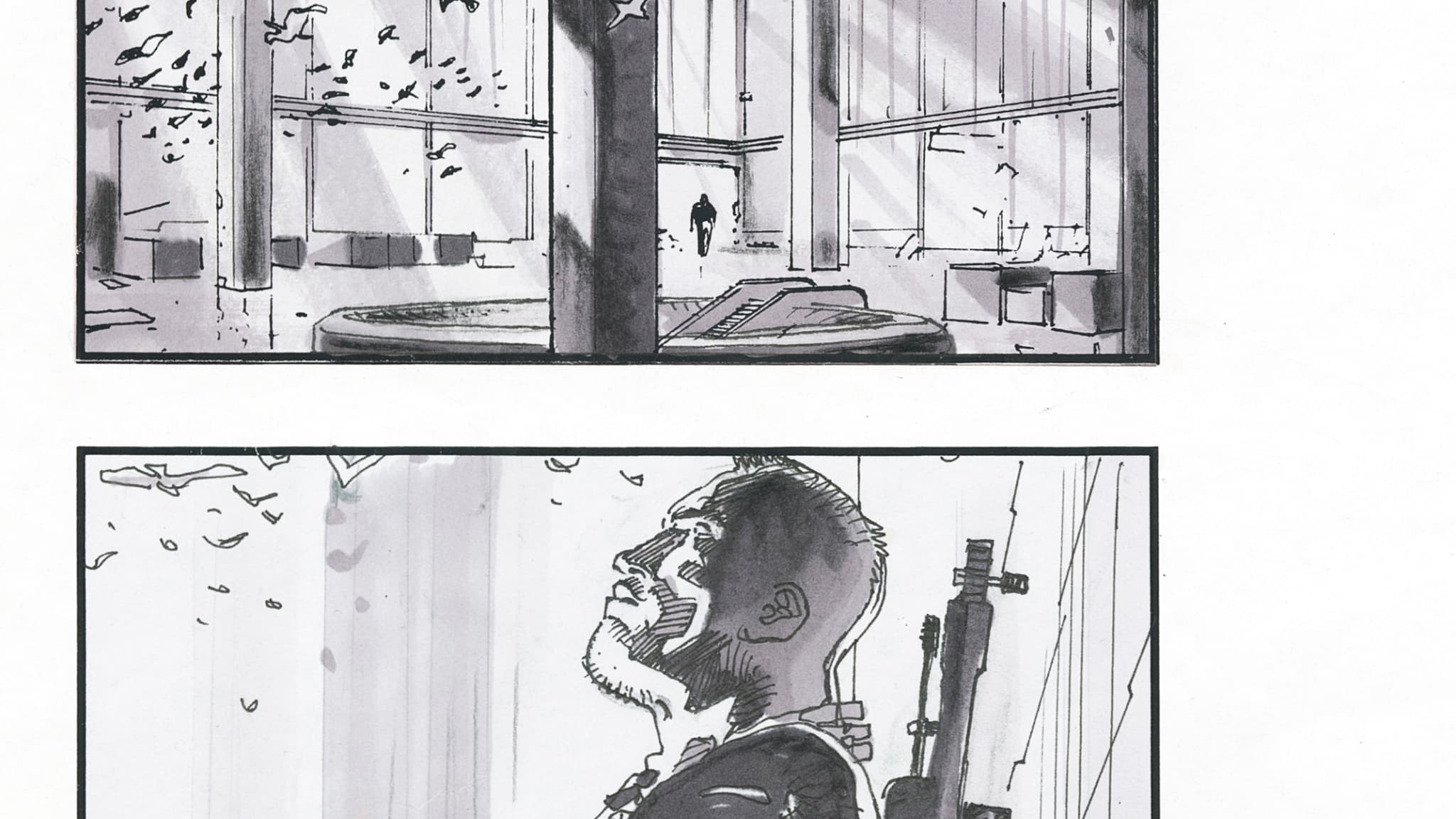 Extrait du storyboard de "I Am Legend" avec Schwarzenegger par Sylvain Despretz Extrait du storyboard de "I Am Legend" avec Schwarzenegger par Sylvain Despretz