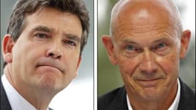 Arnaud Montebourg (à gauche) et Pascal Lamy. Le ministre du Redressement productif a vivement répliqué lundi au directeur général de l'Organisation mondiale du commerce Pascal Lamy qui avait critiqué samedi son "protectionnisme patriotique". /Photos d'arc