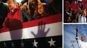 Barack Obama et Mitt Romney ont abordé dimanche le sprint final de la présidentielle américaine pour tenter de convaincre les derniers indécis et mobiliser leurs troupes à 48 heures d'un scrutin dans lequel ils font quasiment jeu égal. /Photos prises le 4