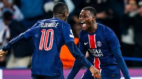 Ousmane Dembélé et Nuno Mendes lors de PSG-Aston Villa, le 9 avril 2025 en Ligue des champions