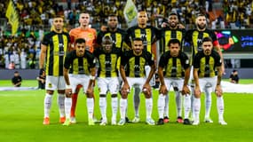 L'équipe Al Ittihad avec Fabinho, Benzema et Kanté avant un match de Saudi Pro League, 1er septembre 2023
