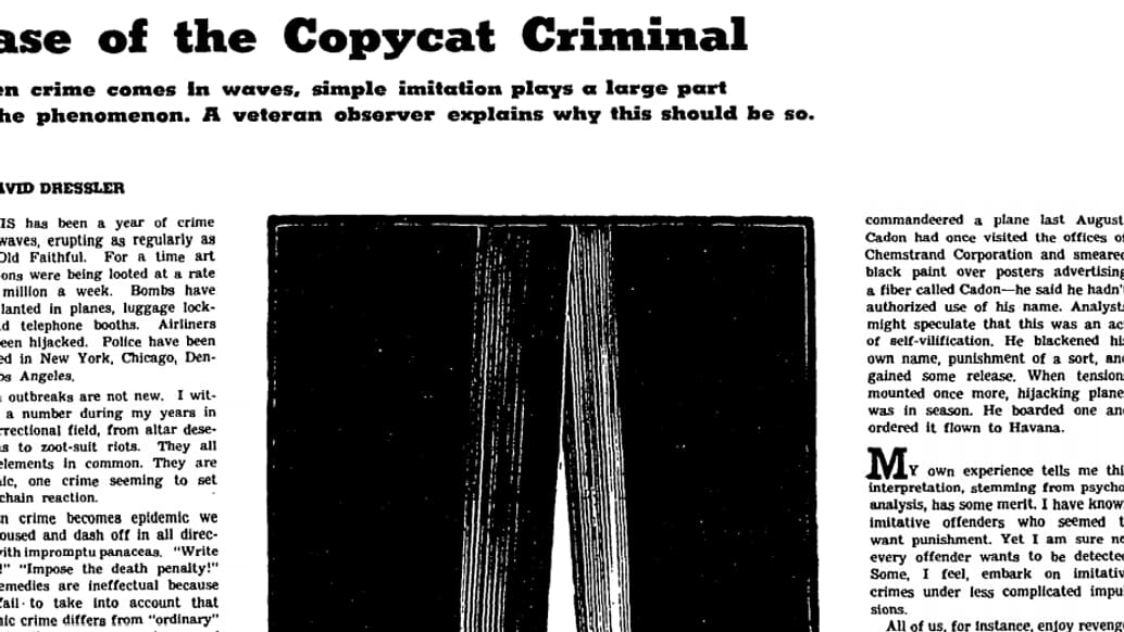 L'article de David Dressler, Case of the Copycat Criminal, dans l'édition du 10 décembre 1961 L'article de David Dressler, Case of the Copycat Criminal, dans l'édition du 10 décembre 1961