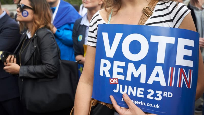 Une pro-"Bremain" tenant un panneau appelant à voter pour le maintient du Royaume-Uni dans l'Union européenne jeudi 