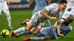 Florian Thauvin et Djibril Sidibe, lors du match entre Marseille-Monaco le 28 janvier 2018