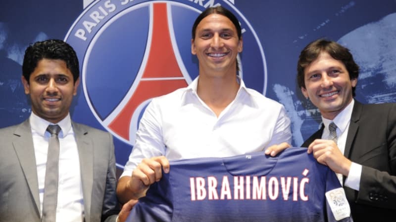 Nasser Al-Khelaïfi, Zlatan Ibrahimovic et Leonardo lors de la signature du Suédois au PSG en 2012 Nasser Al-Khelaïfi, Zlatan Ibrahimovic et Leonardo lors de la signature du Suédois au PSG en 2012
