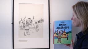 Un dessin original d'Hergé réalisé en 1942 pour la couverture de "Tintin en Amérique" a été adjugé 2,16 millions d'euros à Paris, le 10 février 2022.
